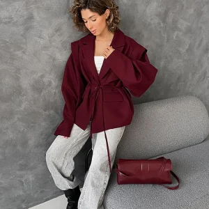 Elegant Lace Up Women Suit Jacket Wine Red Lapel Button Coat Casual Office Blazer Long Sleeve Pocket Outwear Autumn Fashion 2025