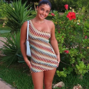 Summer Beach Knitted Stripe Printe Mini Dress Women's Casual Backless Slanted Shoulder Slim Fit Dresses 2025 Holiday Lady Robes