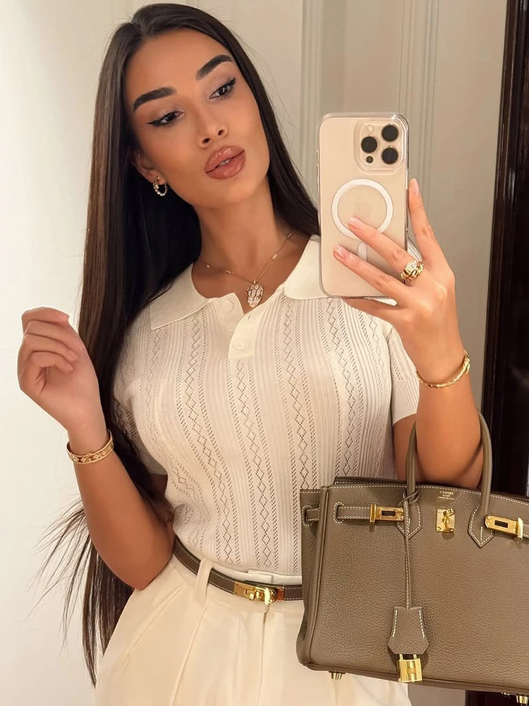 Solid Hollow Out Polo Shirt Women Fashion Turndown Collar Causal Short Sleeve Cropped Top 2025 Autumn Office Lady Street Outwear - Image 2