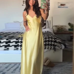 Yellow Stain Women's Sling Dress Elegant Backless Sleeveless V Neck High Waist Dresses Summer Lady Partywear 2025 Evening Gowns